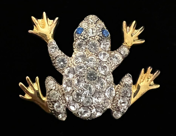 VTG 1998 Plainville Stock Co PSCO Brooch Frog Gold Tone Clear Blue Rhinestones - Picture 2 of 10